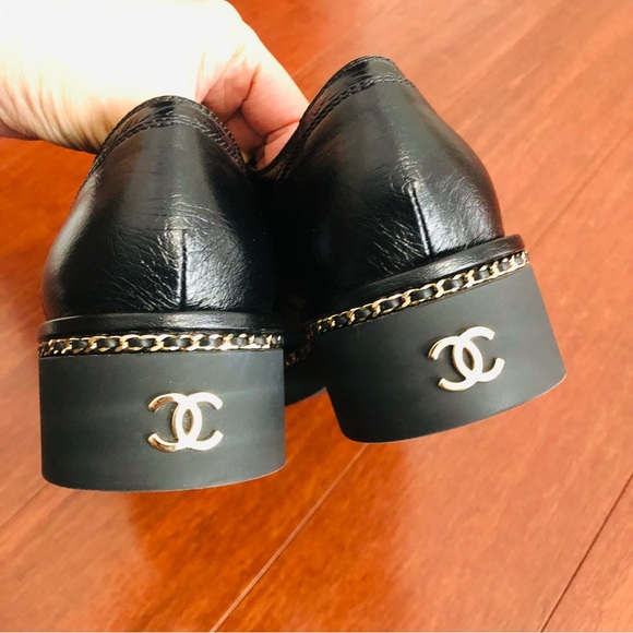 Chanel 20K crumpled Lambskin Cap toe Lace up Chain Around shoes black Eu 39.5 - Picture 9 of 16
